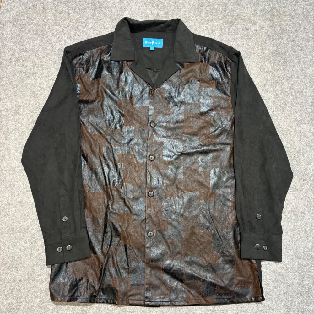 Blue Jazz Mens Faux Leather Patchwork Suede Shirt Black Bronze Camp Collar Large